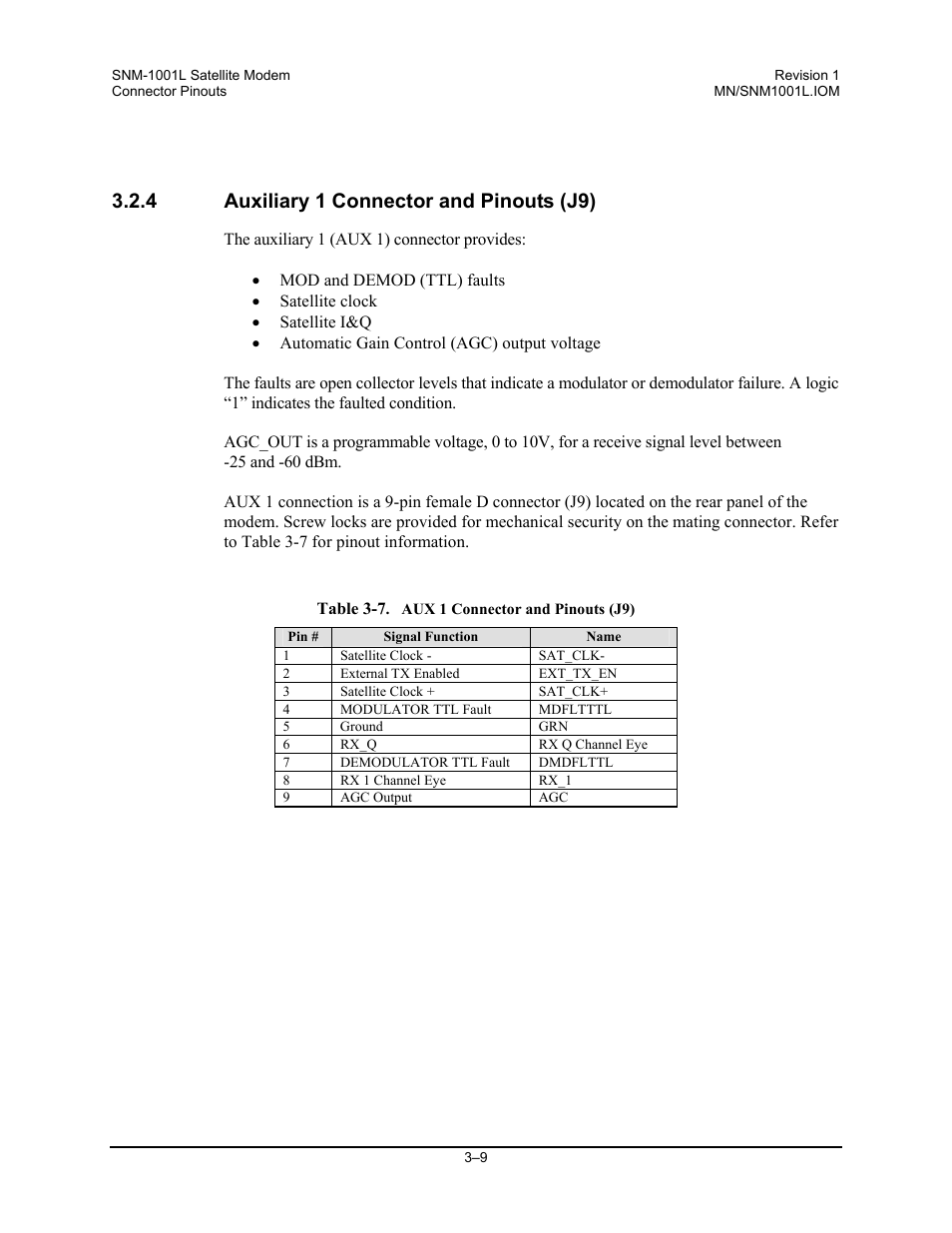 Auxiliary 1 connector and pinouts (j9), 4 auxiliary 1 connector and pinouts (j9) | Comtech EF Data SNM-1001L User Manual | Page 61 / 344