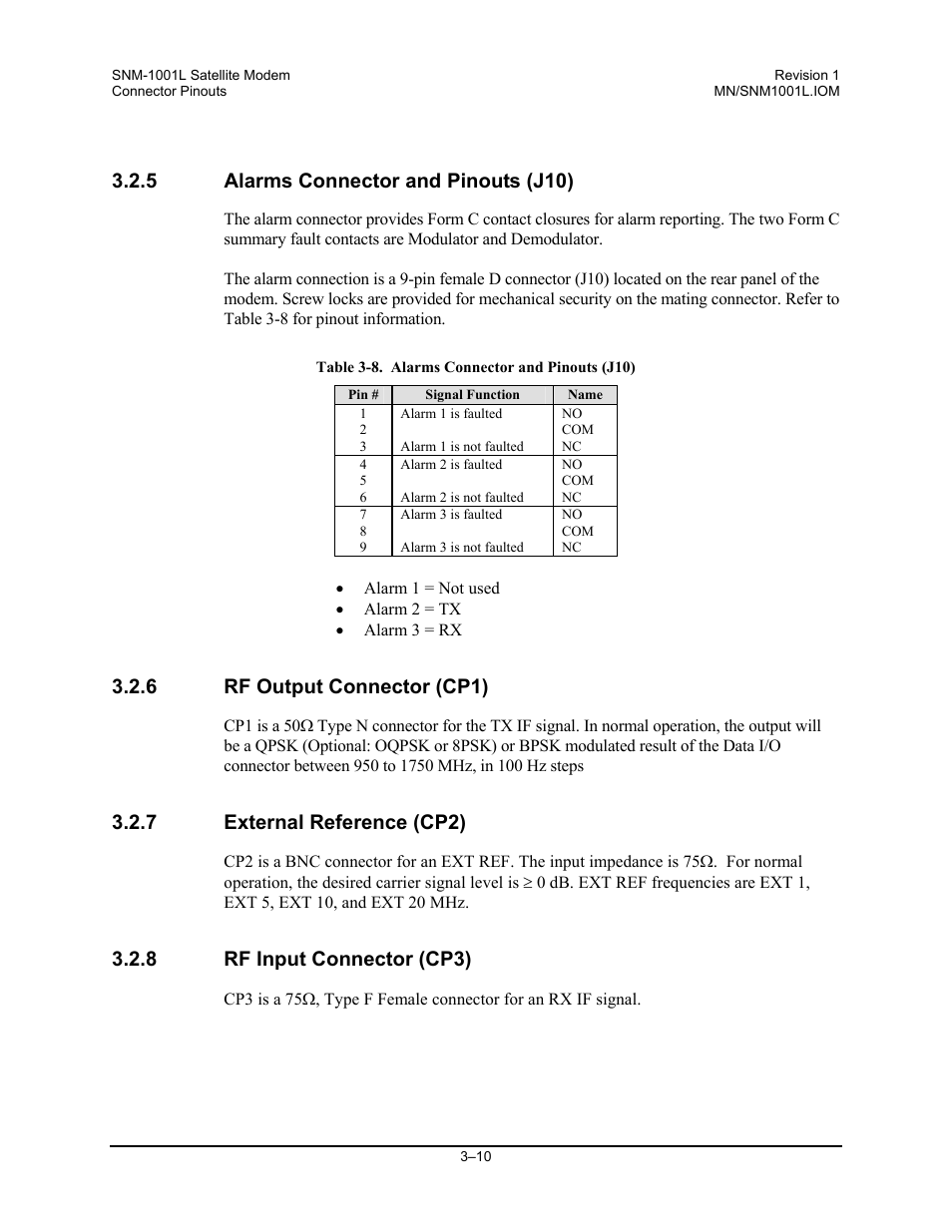 Alarms connector and pinouts (j10), Rf output connector (cp1), External reference (cp2) | Rf input connector (cp3), 5 alarms connector and pinouts (j10), 6 rf output connector (cp1), 7 external reference (cp2), 8 rf input connector (cp3) | Comtech EF Data SNM-1001L User Manual | Page 62 / 344