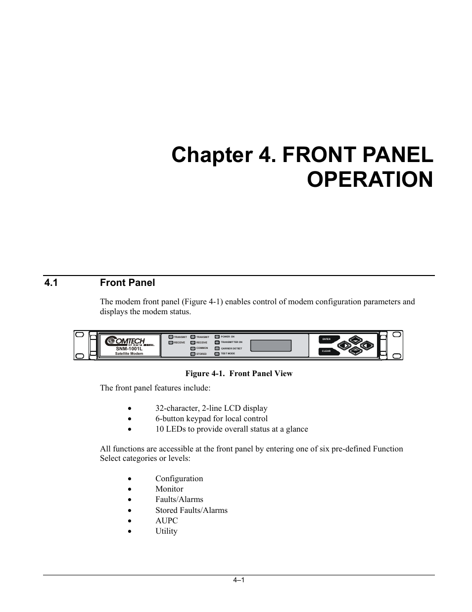 Chp_4 front panel operation, Front panel, Chapter 4. front panel operation | 1 front panel | Comtech EF Data SNM-1001L User Manual | Page 65 / 344