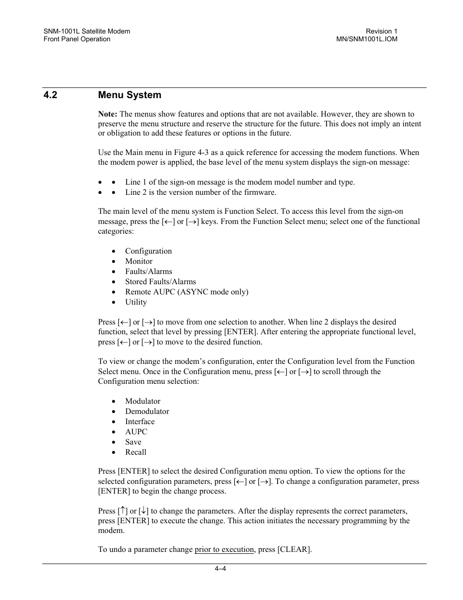 Menu system | Comtech EF Data SNM-1001L User Manual | Page 68 / 344