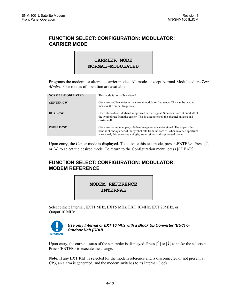 Carrier mode normal-modulated, Modem reference internal | Comtech EF Data SNM-1001L User Manual | Page 77 / 344