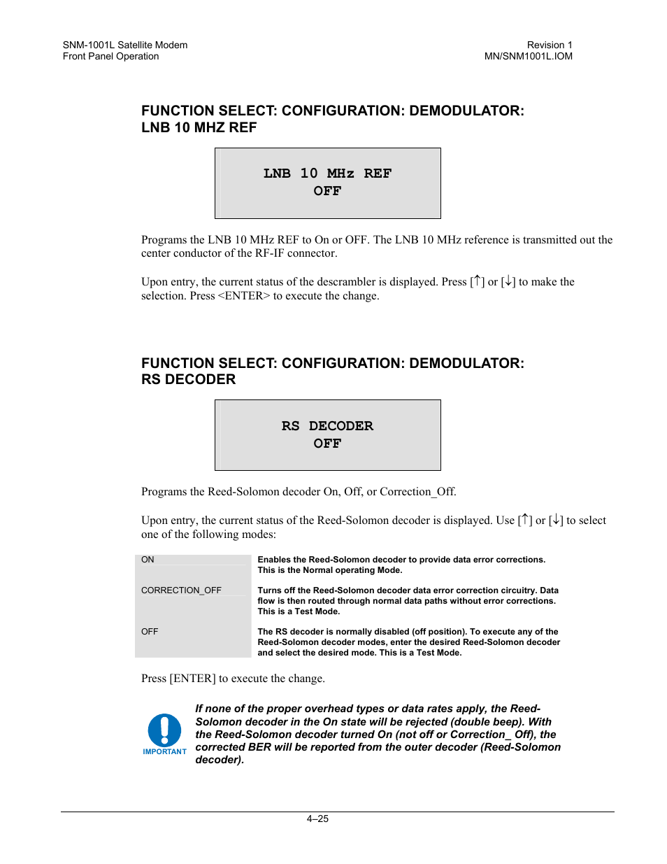 Lnb 10 mhz ref off, Rs decoder off | Comtech EF Data SNM-1001L User Manual | Page 89 / 344