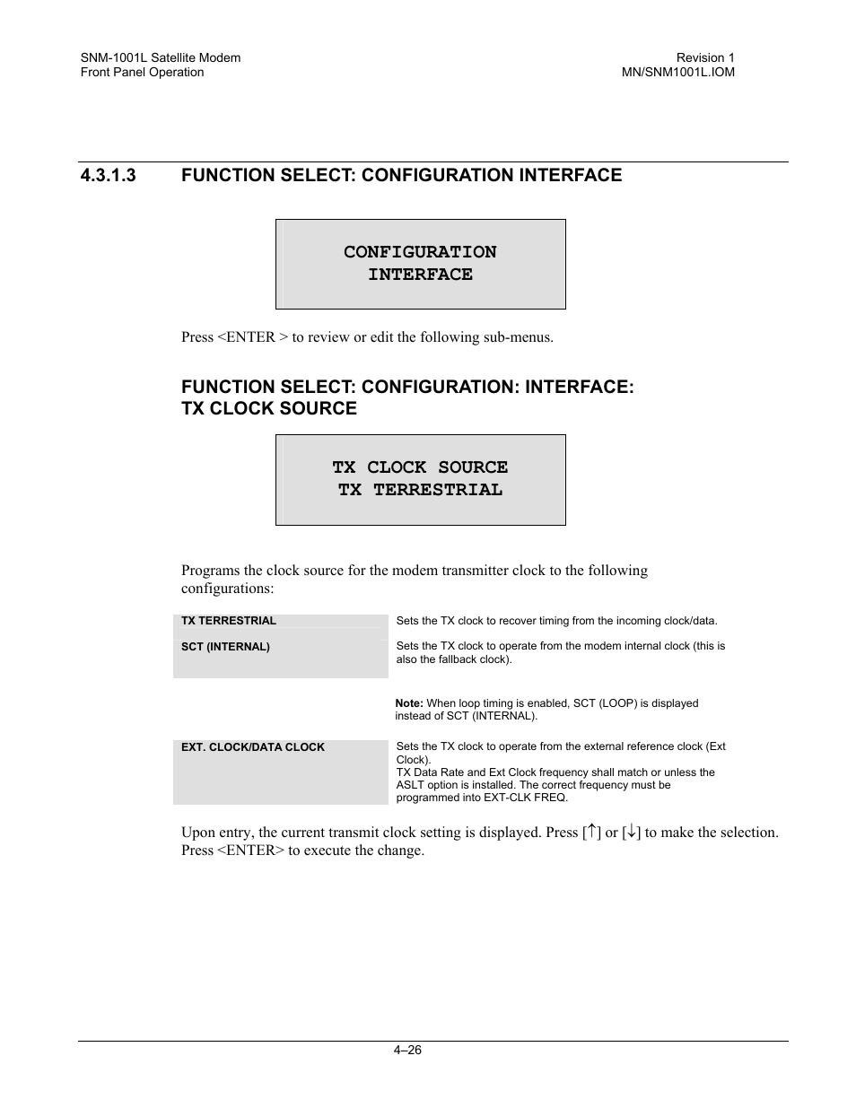 Configuration interface, Tx clock source tx terrestrial | Comtech EF Data SNM-1001L User Manual | Page 90 / 344