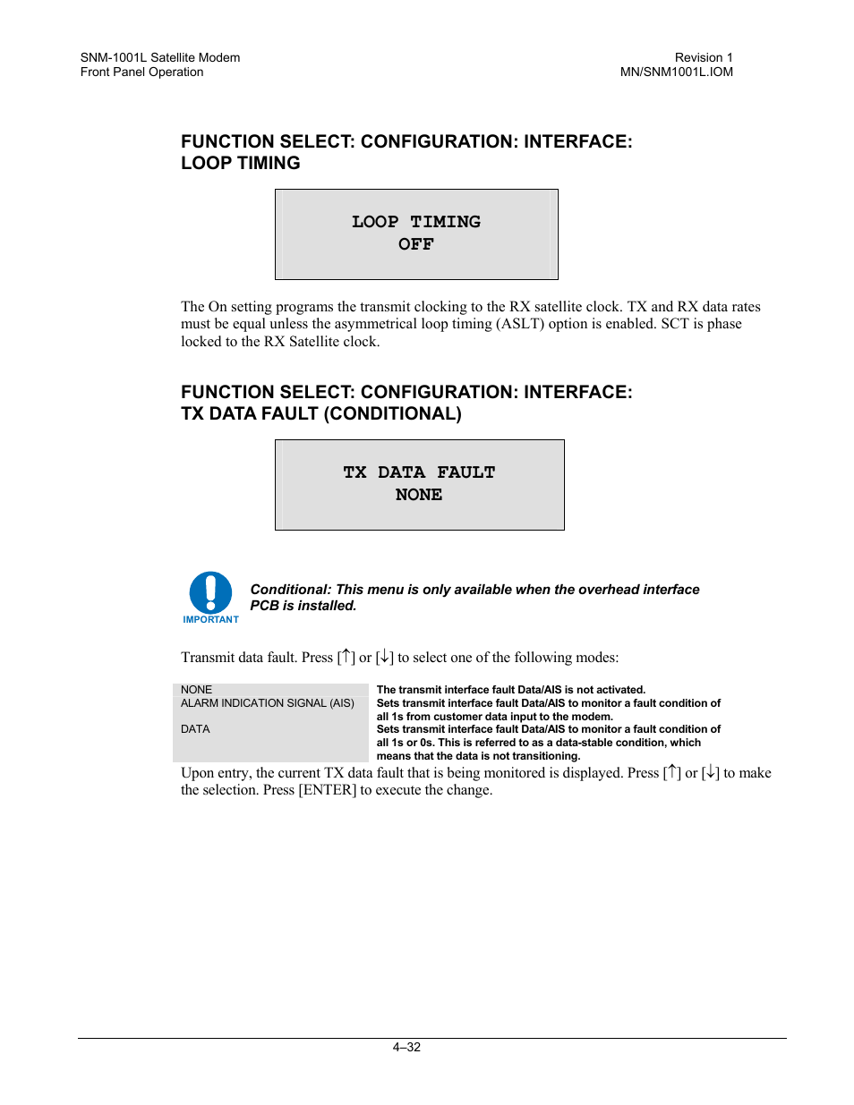 Loop timing off, Tx data fault none | Comtech EF Data SNM-1001L User Manual | Page 96 / 344