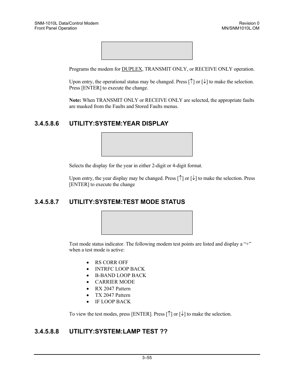 Utility:system:year display, Utility:system:test mode status, Utility:system:lamp test | Comtech EF Data SNM-1010L User Manual | Page 103 / 266