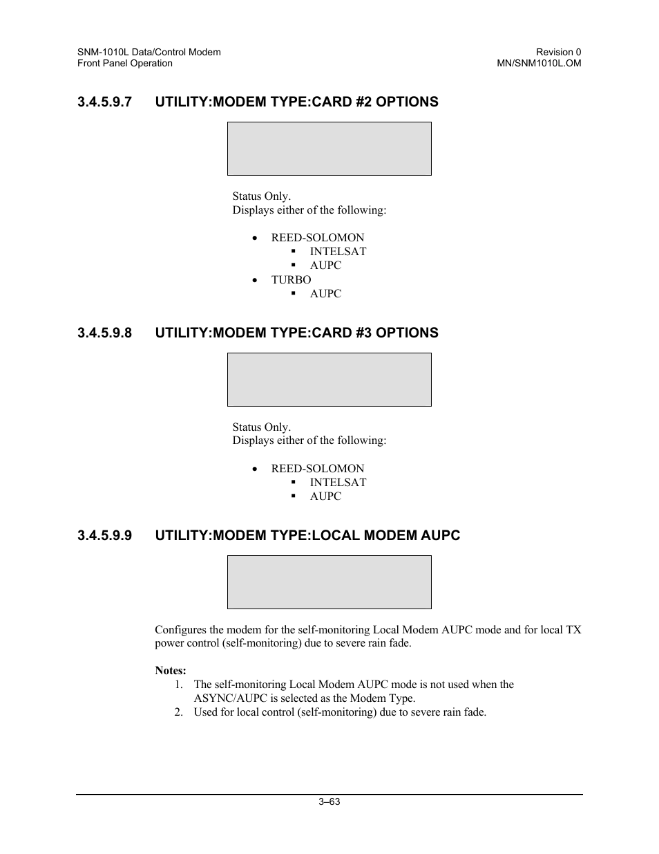 Utility:modem type:card #2 options, Utility:modem type:card #3 options, Utility:modem type:local modem aupc | Comtech EF Data SNM-1010L User Manual | Page 111 / 266