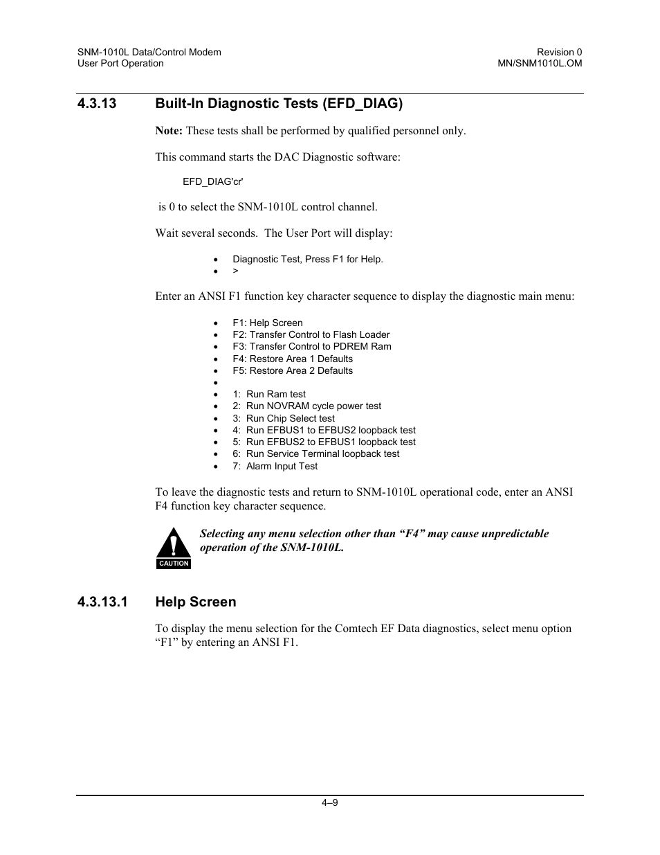 13 built-in diagnostic tests (efd_diag), 1 help screen | Comtech EF Data SNM-1010L User Manual | Page 127 / 266