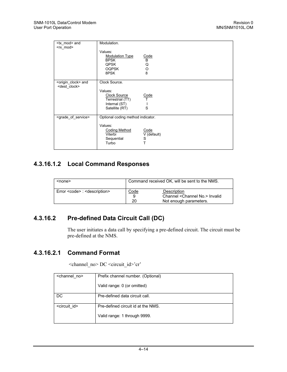 2 local command responses, 2 pre-defined data circuit call (dc), 1 command format | Channel_no> dc <circuit_id>’cr | Comtech EF Data SNM-1010L User Manual | Page 132 / 266