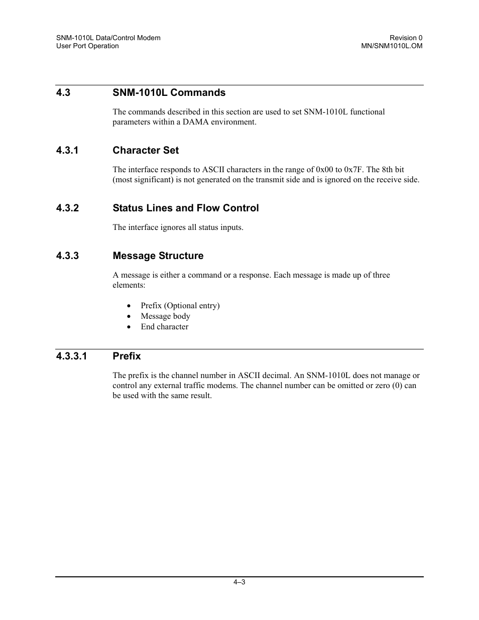 Snm-1010l commands, Character set, Status lines and flow control | Message structure, Prefix | Comtech EF Data SNM-1010L User Manual | Page 137 / 266