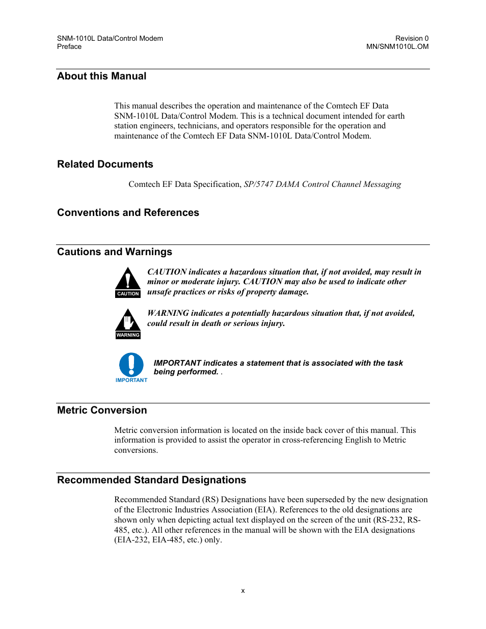 Preface, About this manual, Related documents | Conventions and references, Cautions and warnings, Metric conversion, Recommended standard designations, Conventions and references cautions and warnings | Comtech EF Data SNM-1010L User Manual | Page 14 / 266