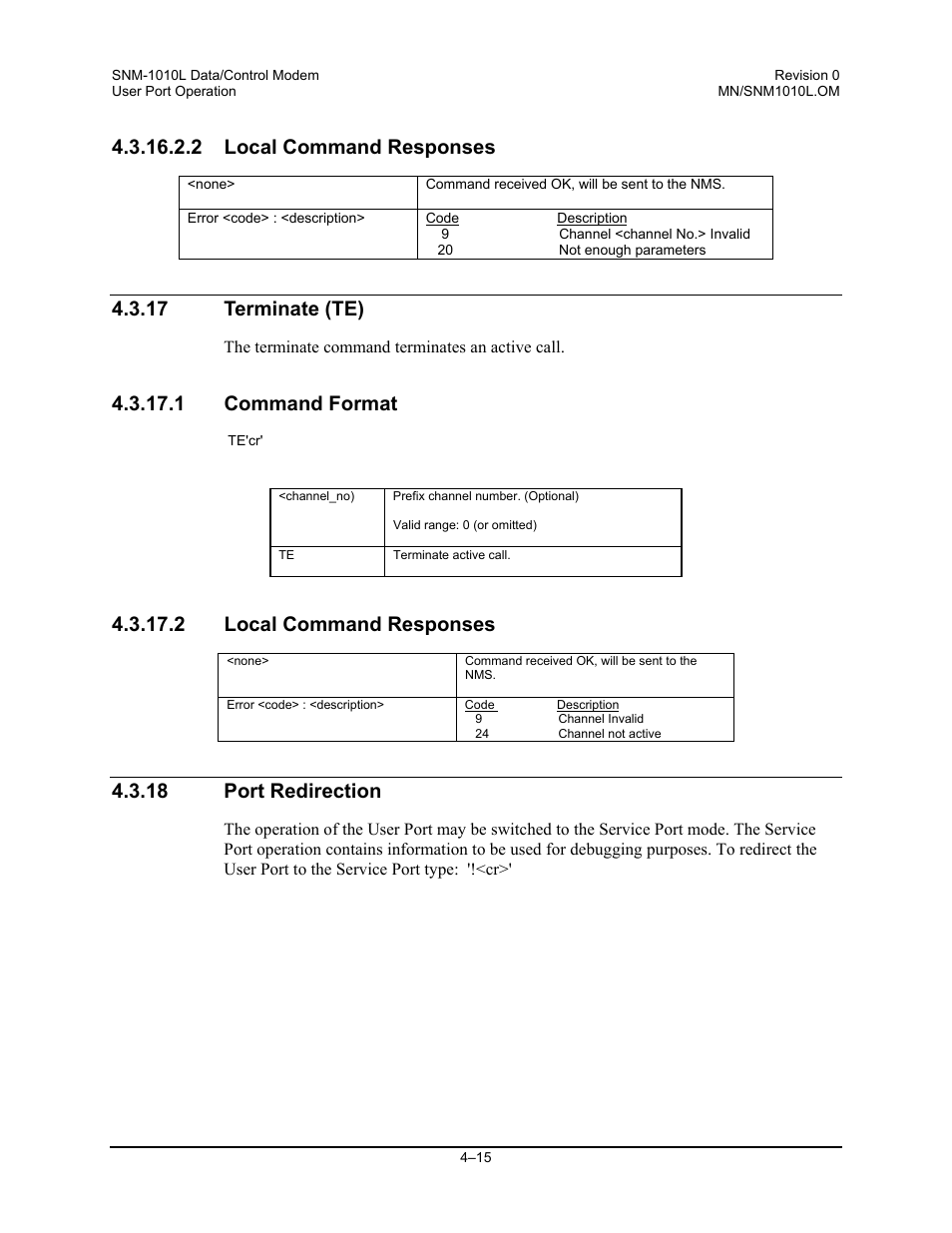 Local command responses, Terminate (te), Command format | Port redirection, 2 local command responses, 17 terminate (te), 1 command format, 18 port redirection | Comtech EF Data SNM-1010L User Manual | Page 149 / 266