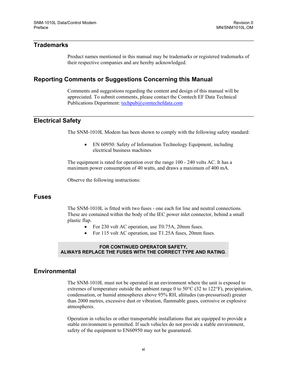 Trademarks, Electrical safety, Fuses | Environmental | Comtech EF Data SNM-1010L User Manual | Page 15 / 266