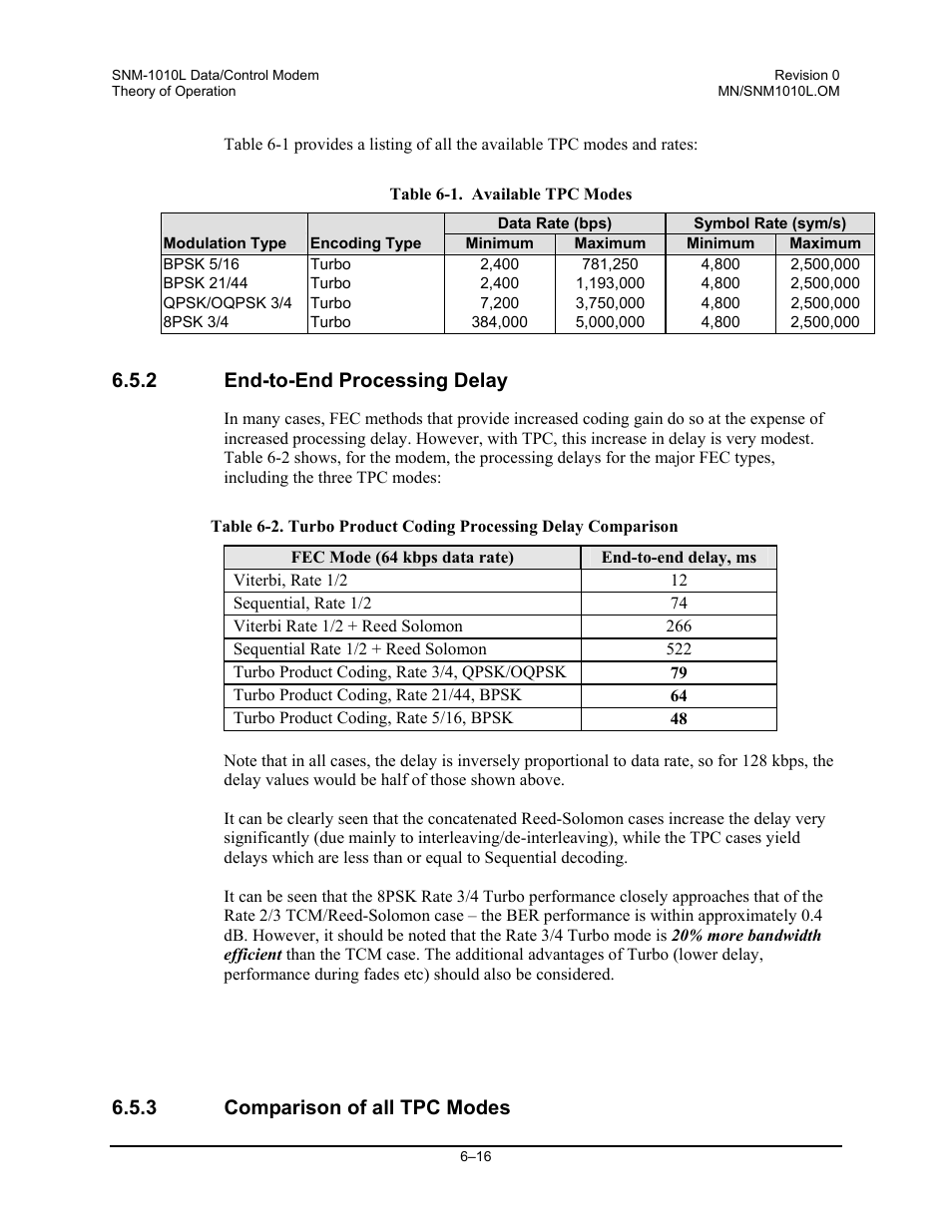 End-to-end processing delay, Comparison of all tpc modes, 2 end-to-end processing delay | 3 comparison of all tpc modes | Comtech EF Data SNM-1010L User Manual | Page 178 / 266