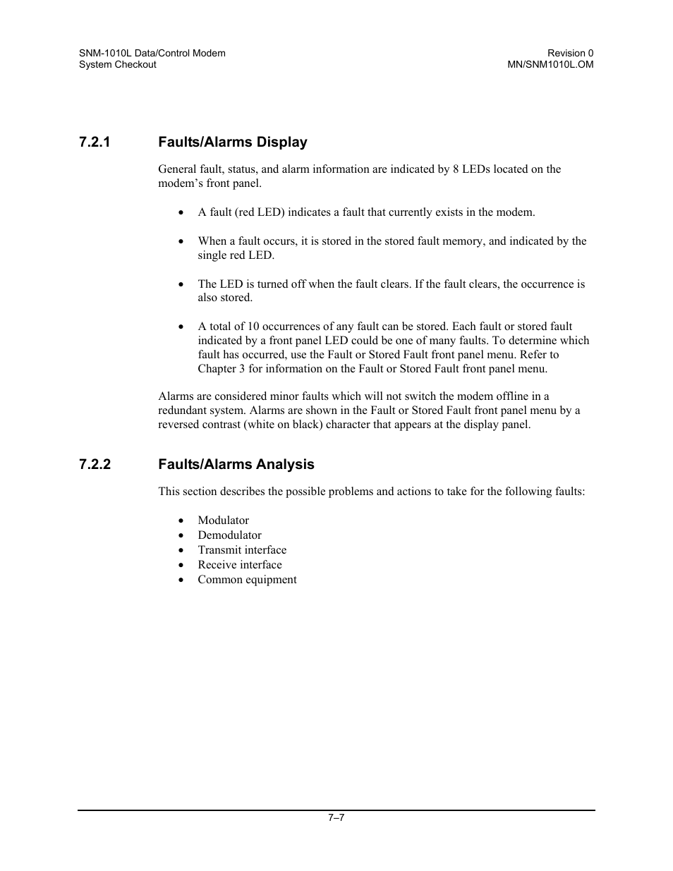 Faults/alarms display, Faults/alarms analysis | Comtech EF Data SNM-1010L User Manual | Page 187 / 266