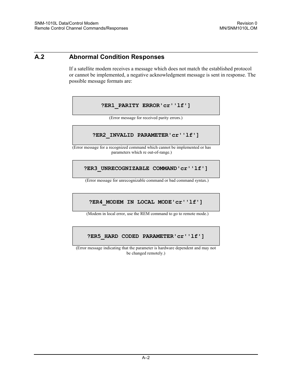 Abnormal condition responses, A.2 abnormal condition responses | Comtech EF Data SNM-1010L User Manual | Page 200 / 266