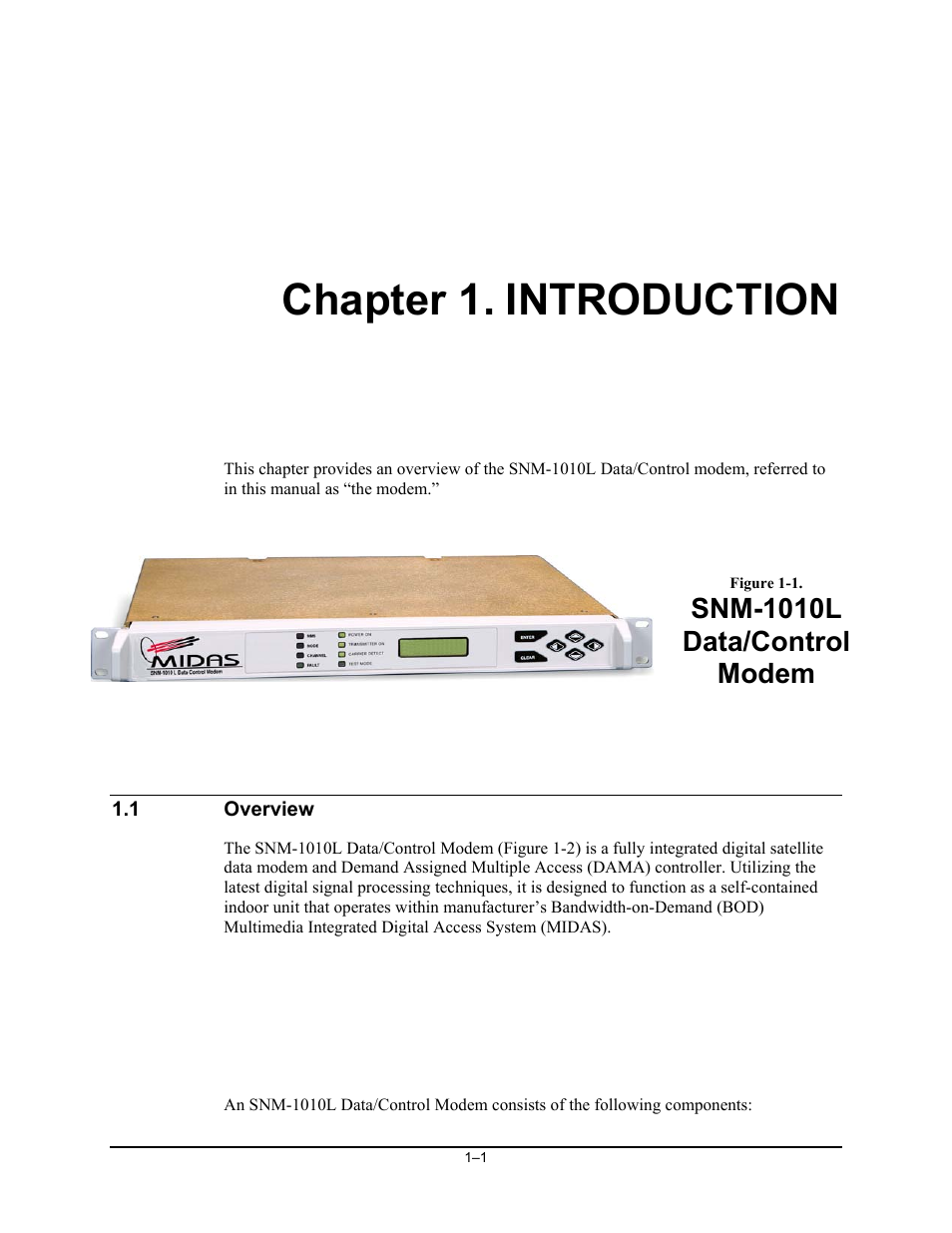 Introduction, Overview, Chapter 1. introduction | Snm-1010l data/control modem | Comtech EF Data SNM-1010L User Manual | Page 21 / 266