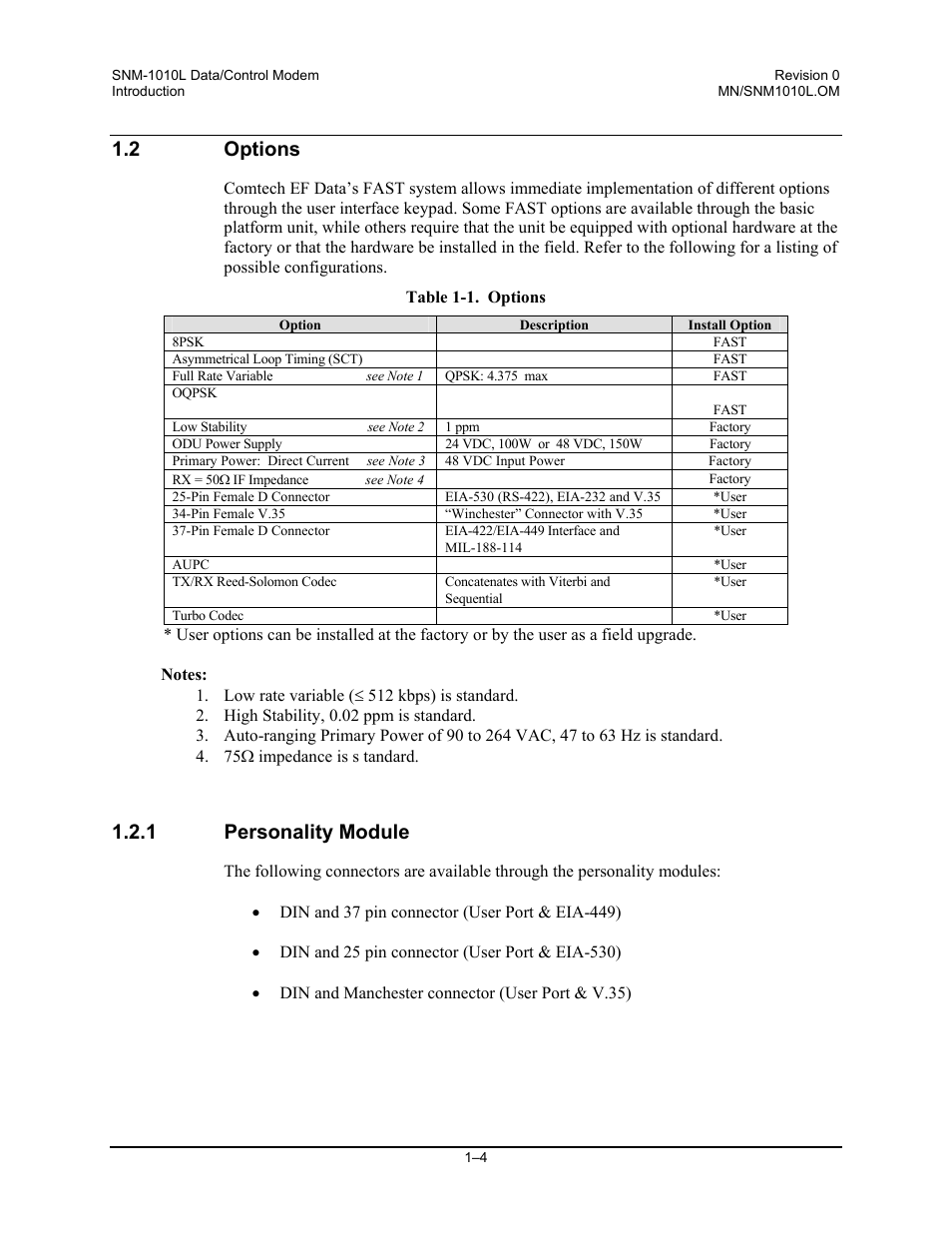 Options, Personality module, 2 options | 1 personality module | Comtech EF Data SNM-1010L User Manual | Page 24 / 266