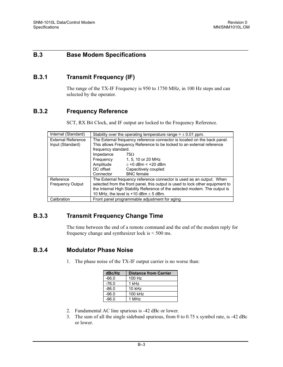 Base modem specifications, Transmit frequency (if), Frequency reference | Transmit frequency change time, Modulator phase noise, B.3.2 frequency reference, B.3.3 transmit frequency change time, B.3.4 modulator phase noise | Comtech EF Data SNM-1010L User Manual | Page 245 / 266