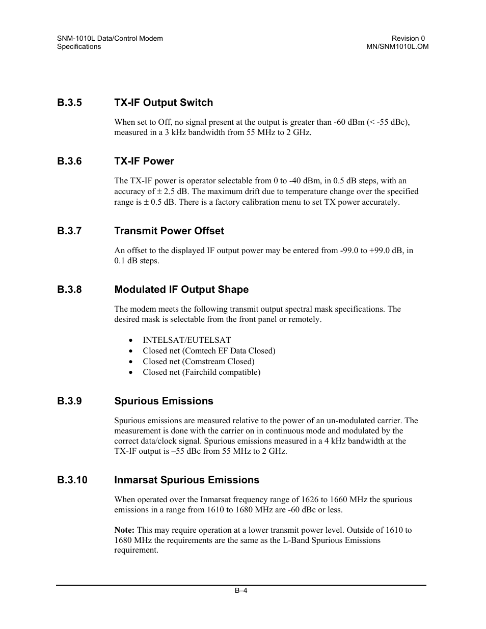 Tx-if output switch, Tx-if power, Transmit power offset | Modulated if output shape, Spurious emissions, Inmarsat spurious emissions | Comtech EF Data SNM-1010L User Manual | Page 246 / 266