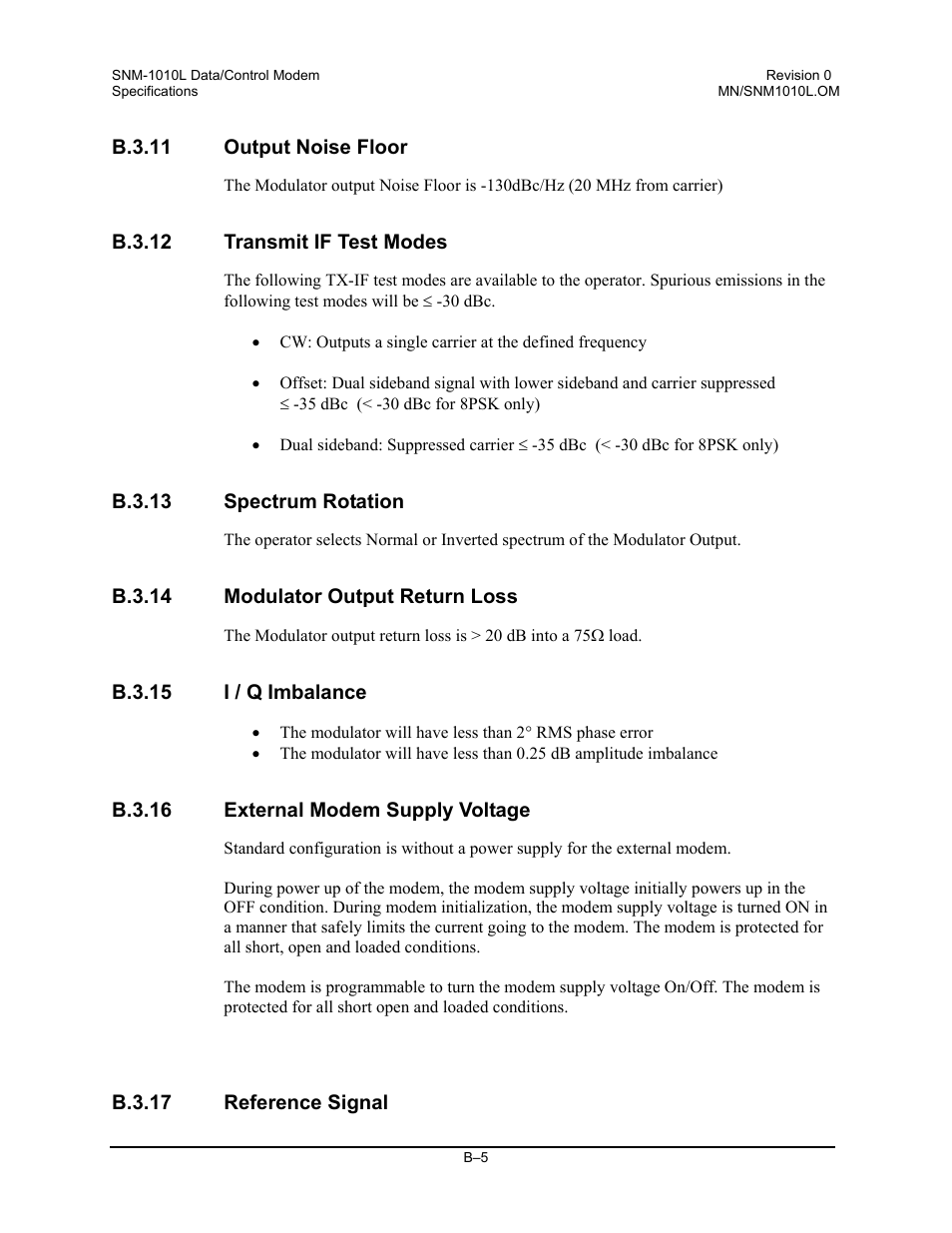 Output noise floor, Transmit if test modes, Spectrum rotation | Modulator output return loss, I / q imbalance, External modem supply voltage, Reference signal | Comtech EF Data SNM-1010L User Manual | Page 247 / 266