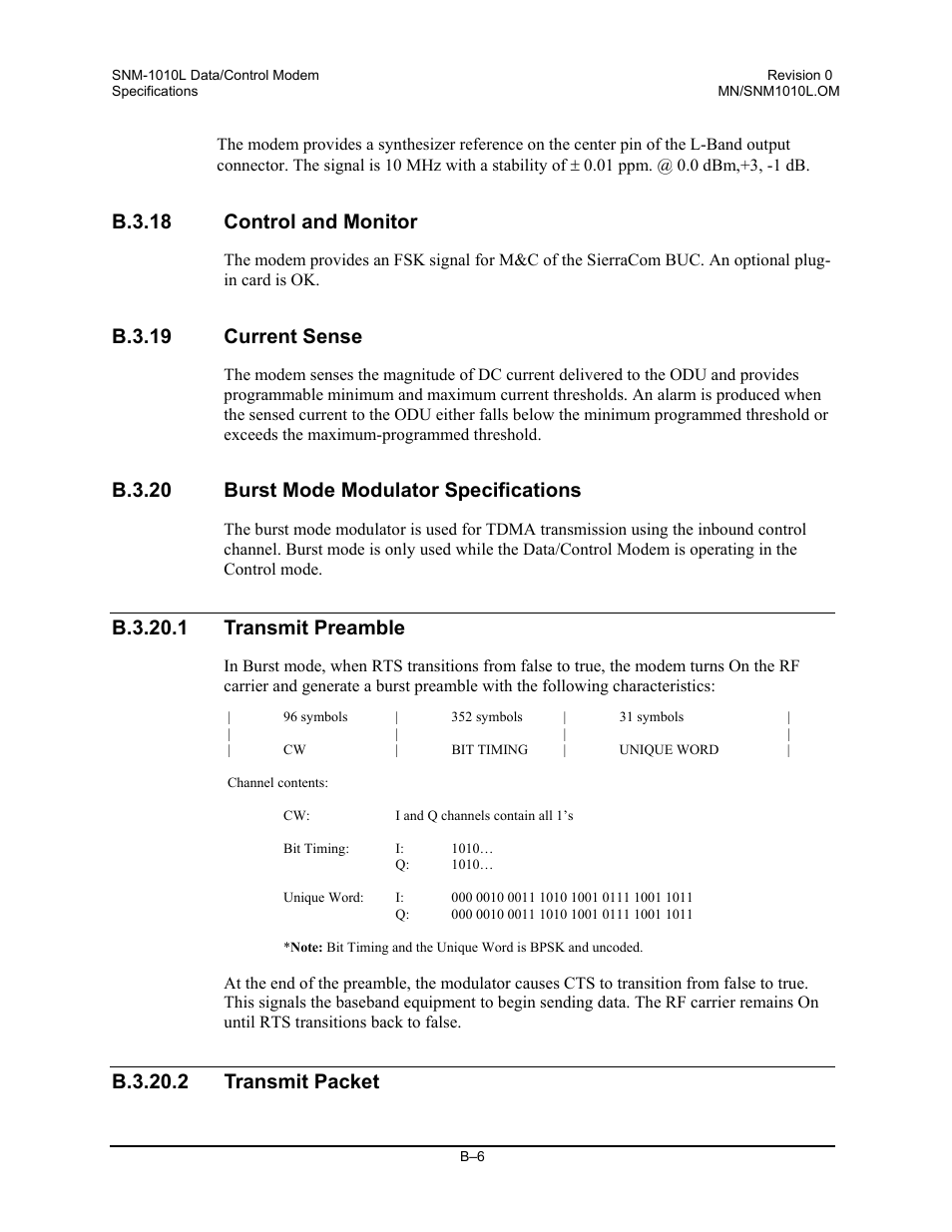 Control and monitor, Current sense, Burst mode modulator specifications | Transmit preamble, Transmit packet, B.3.18 control and monitor, B.3.19 current sense, B.3.20 burst mode modulator specifications, B.3.20.1 transmit preamble, B.3.20.2 transmit packet | Comtech EF Data SNM-1010L User Manual | Page 248 / 266