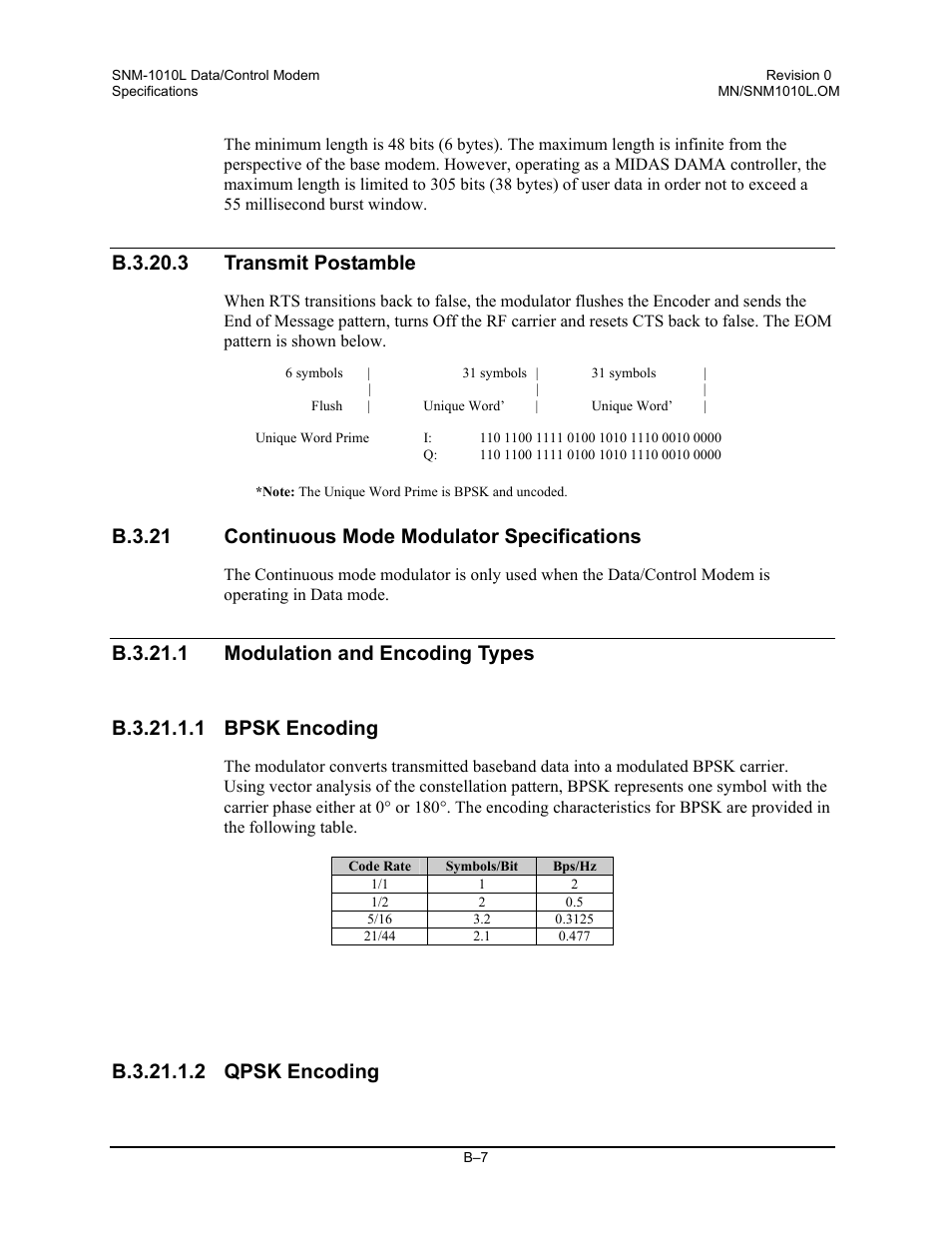 Transmit postamble, Continuous mode modulator specifications, Modulation and encoding types | Bpsk encoding, Qpsk encoding, B.3.20.3 transmit postamble, B.3.21 continuous mode modulator specifications | Comtech EF Data SNM-1010L User Manual | Page 249 / 266