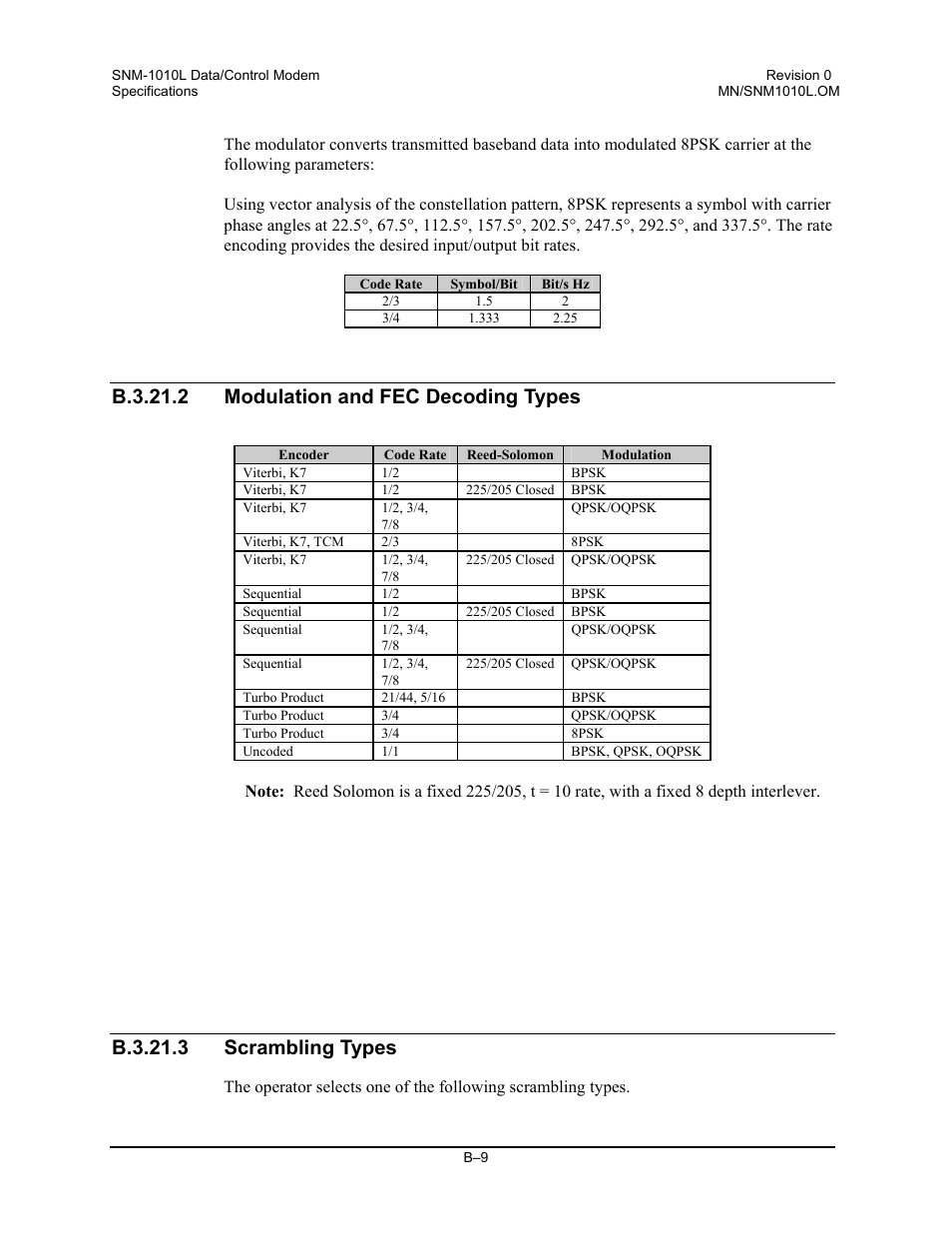 Modulation and fec decoding types, Scrambling types, B.3.21.2 modulation and fec decoding types | B.3.21.3 scrambling types | Comtech EF Data SNM-1010L User Manual | Page 251 / 266