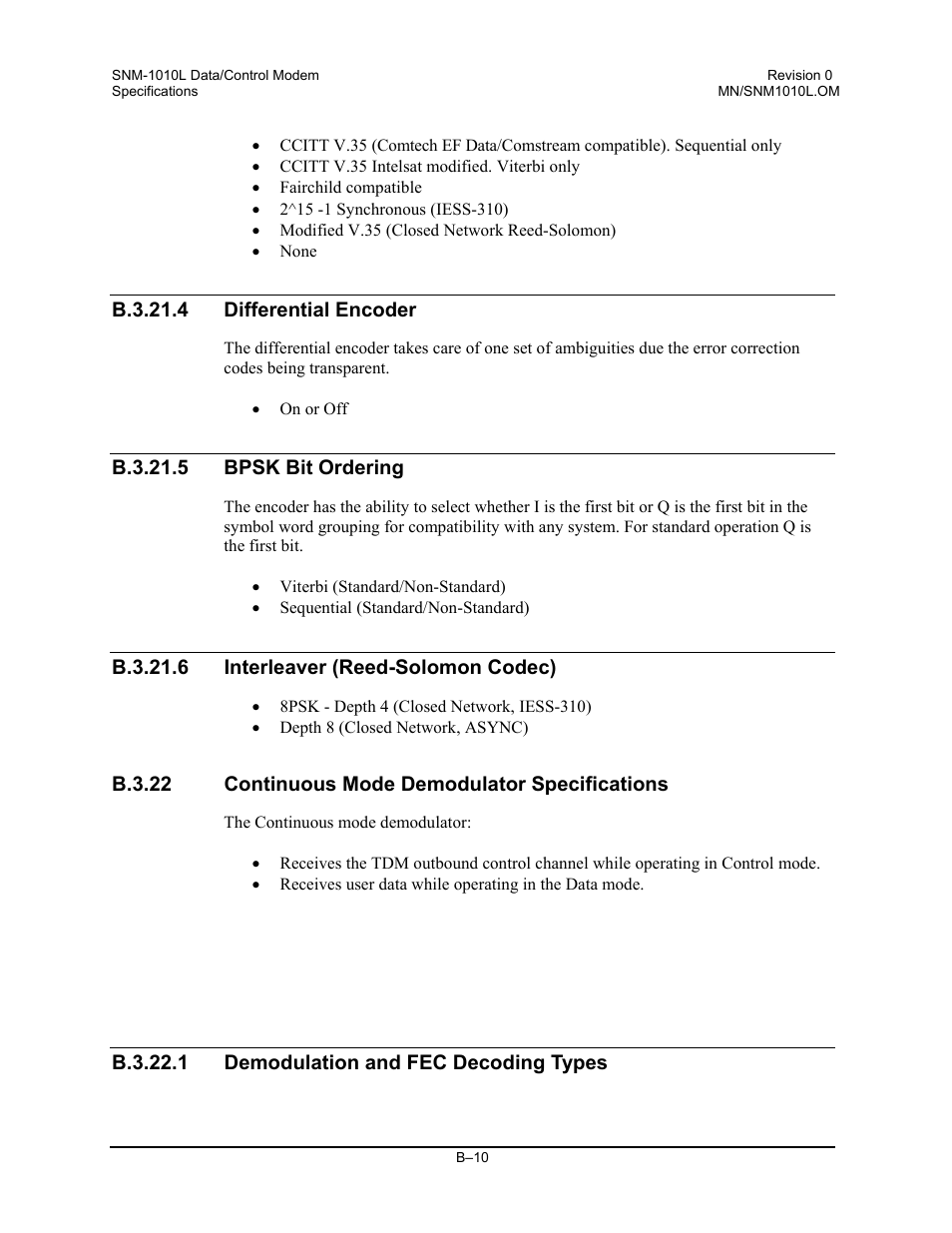 Differential encoder, Bpsk bit ordering, Interleaver (reed-solomon codec) | Continuous mode demodulator specifications, Demodulation and fec decoding types | Comtech EF Data SNM-1010L User Manual | Page 252 / 266