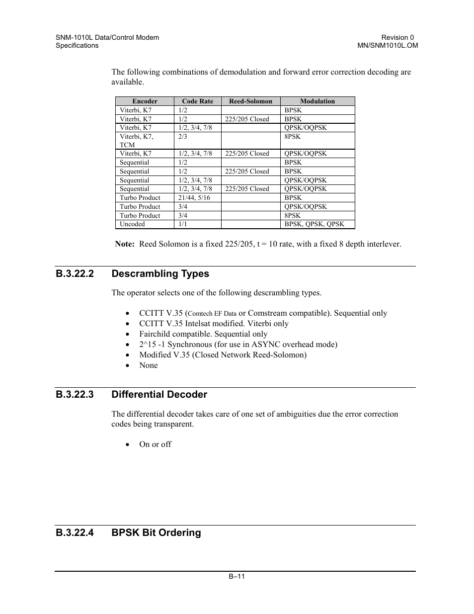 Descrambling types, Differential decoder, Bpsk bit ordering | B.3.22.2 descrambling types, B.3.22.3 differential decoder, B.3.22.4 bpsk bit ordering | Comtech EF Data SNM-1010L User Manual | Page 253 / 266