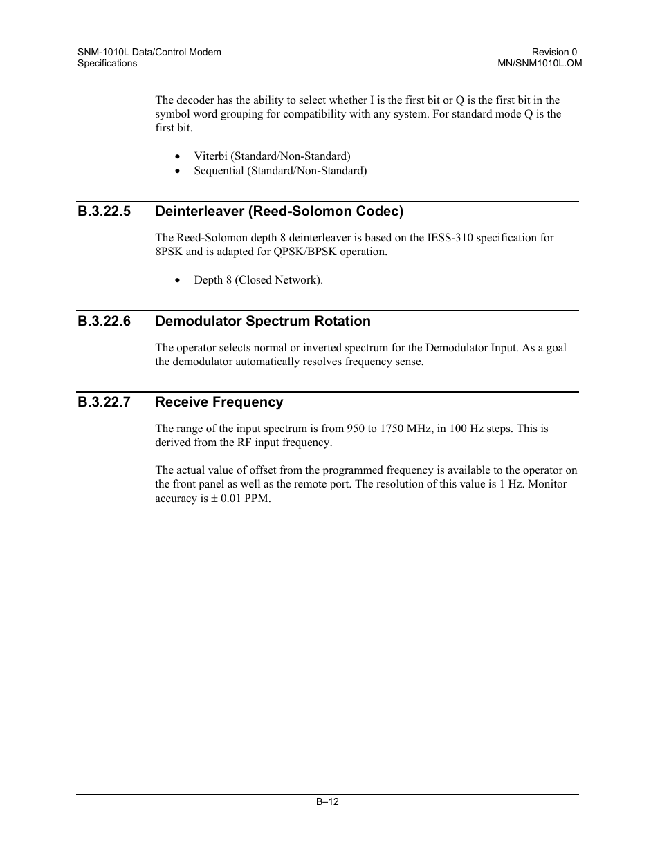 Deinterleaver (reed-solomon codec), Demodulator spectrum rotation, Receive frequency | B.3.22.5 deinterleaver (reed-solomon codec), B.3.22.6 demodulator spectrum rotation, B.3.22.7 receive frequency | Comtech EF Data SNM-1010L User Manual | Page 254 / 266