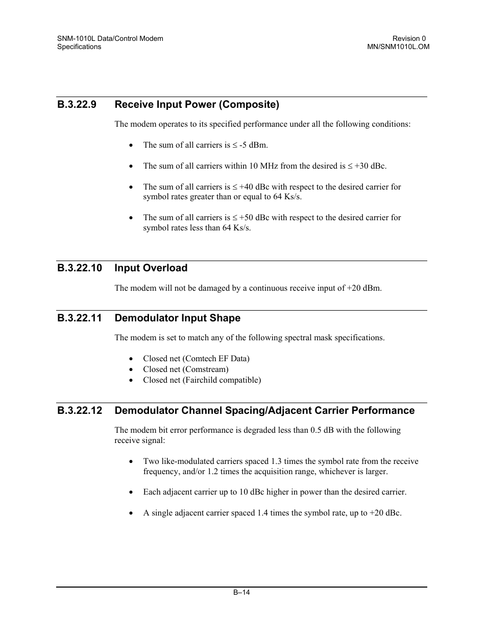 Receive input power (composite), Input overload, Demodulator input shape | Comtech EF Data SNM-1010L User Manual | Page 256 / 266