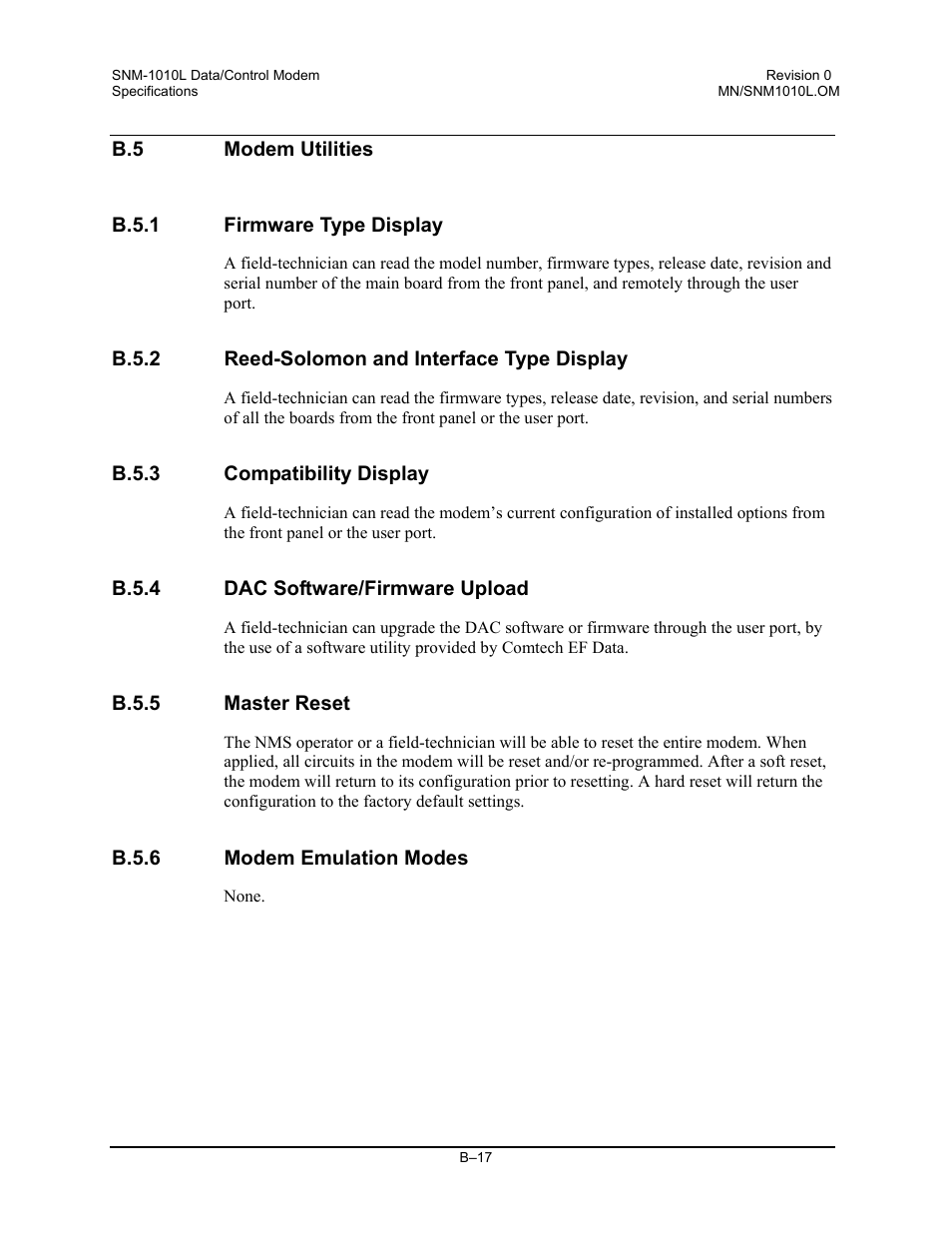 Modem utilities, Firmware type display, Reed-solomon and interface type display | Compatibility display, Dac software/firmware upload, Master reset, Modem emulation modes | Comtech EF Data SNM-1010L User Manual | Page 259 / 266