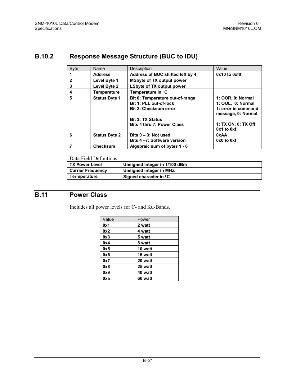 Response message structure (buc to idu), Power class, B.10.2 response message structure (buc to idu) | B.11 power class | Comtech EF Data SNM-1010L User Manual | Page 263 / 266