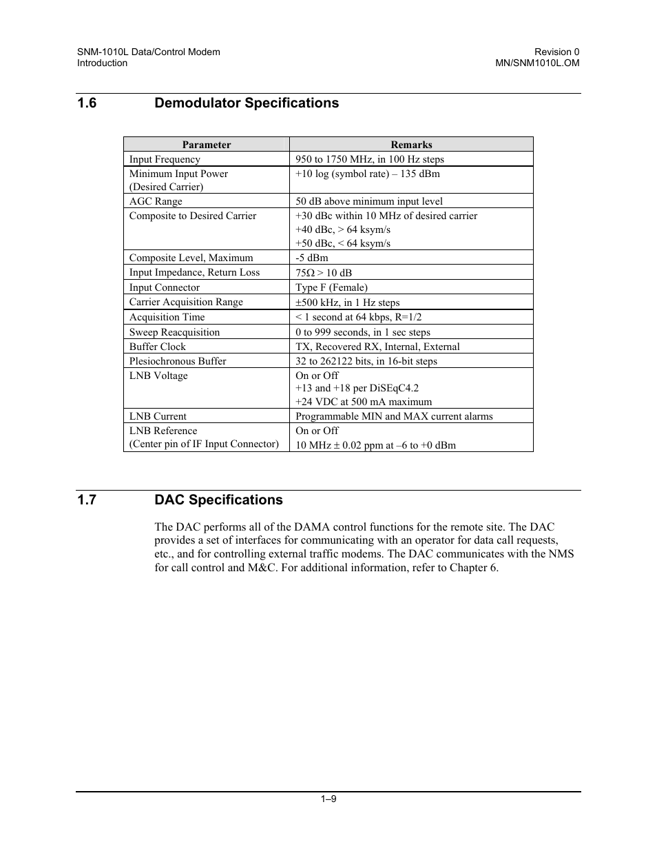 Demodulator specifications, Dac specifications, 6 demodulator specifications | 7 dac specifications | Comtech EF Data SNM-1010L User Manual | Page 29 / 266