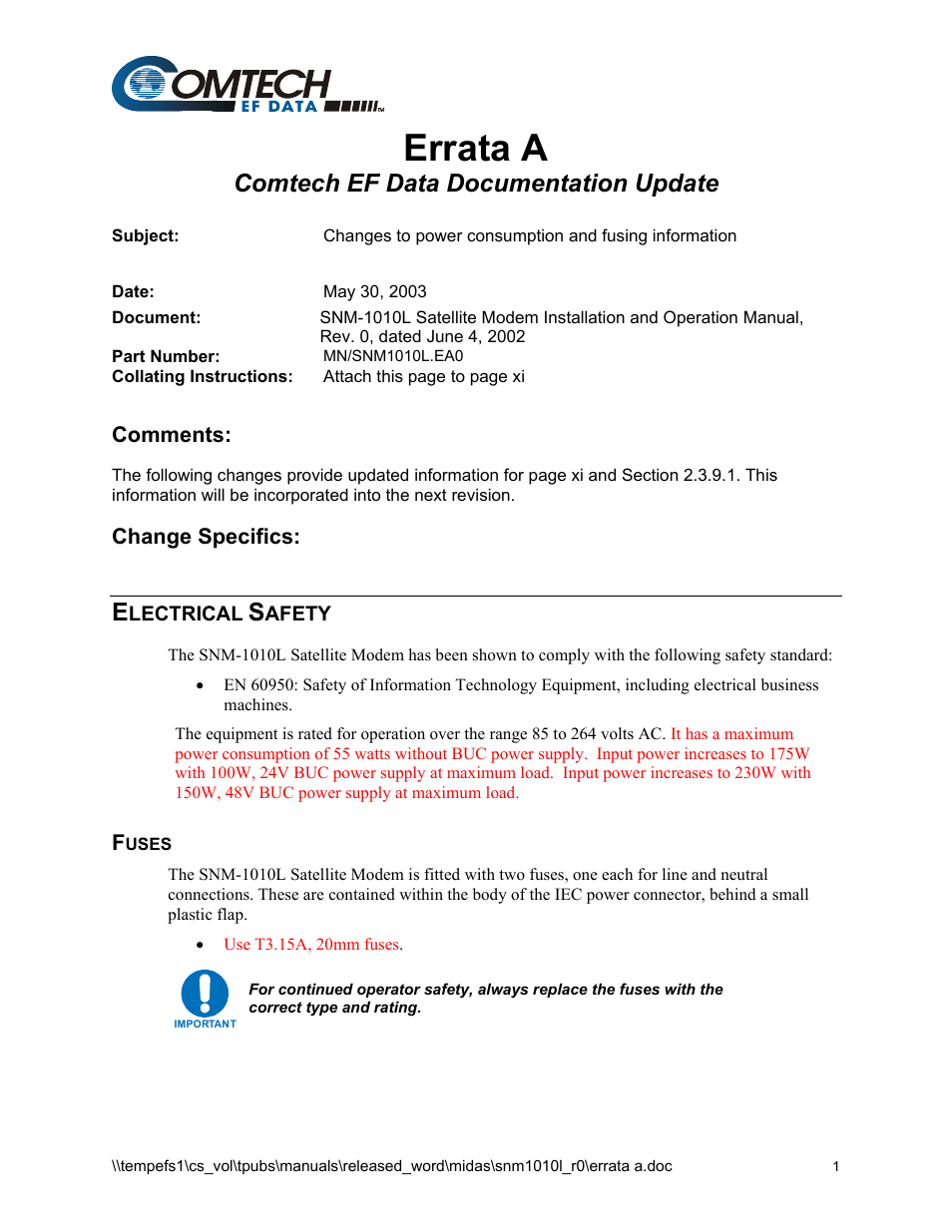 Errata a fusing update, Errata a, Comtech ef data documentation update | Comtech EF Data SNM-1010L User Manual | Page 3 / 266