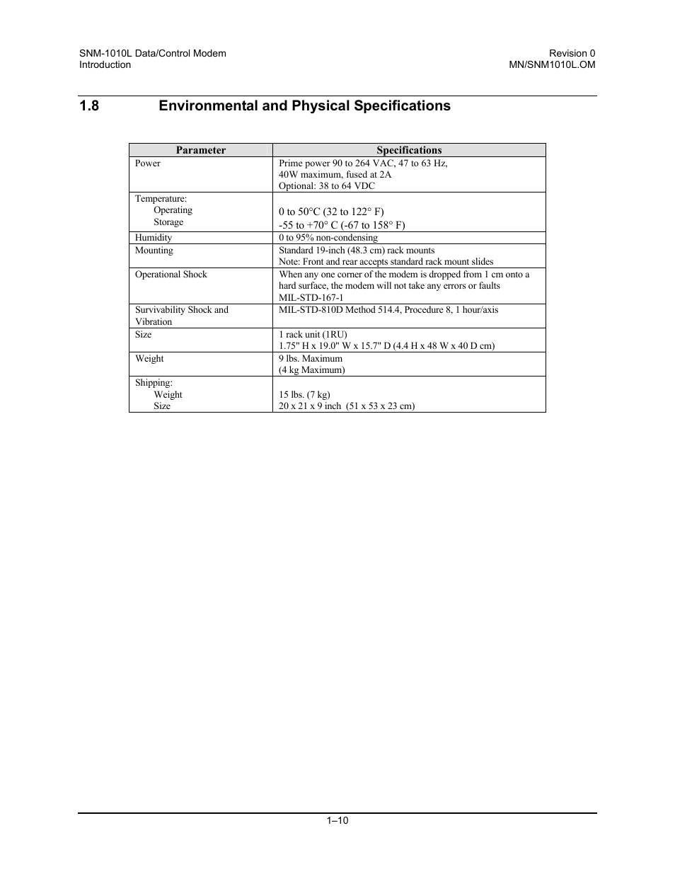 Environmental and physical specifications, 8 environmental and physical specifications | Comtech EF Data SNM-1010L User Manual | Page 30 / 266