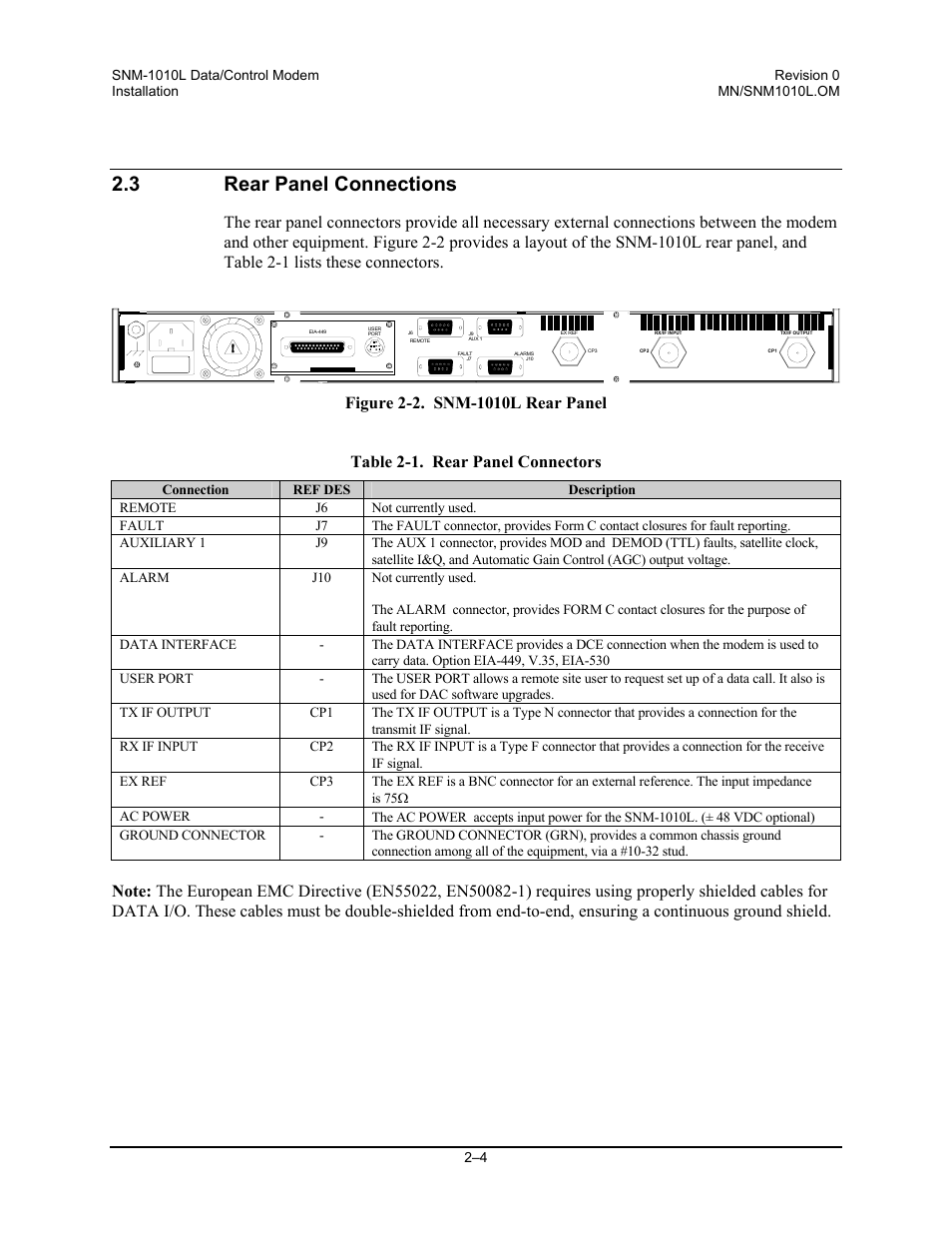 Rear panel connections, 3 rear panel connections | Comtech EF Data SNM-1010L User Manual | Page 38 / 266