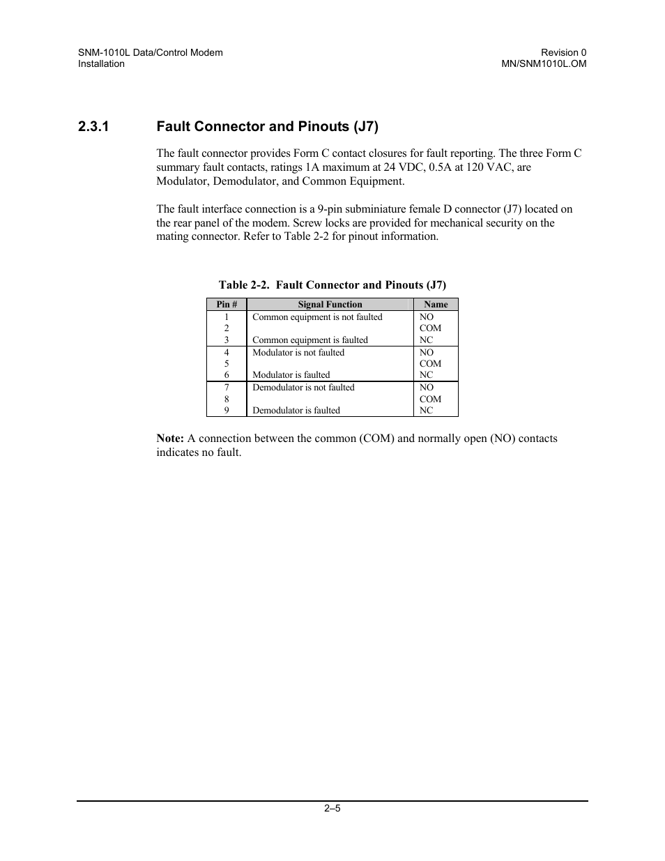 Fault connector and pinouts (j7), 1 fault connector and pinouts (j7) | Comtech EF Data SNM-1010L User Manual | Page 39 / 266