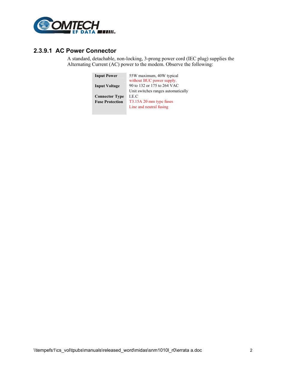 1 ac power connector | Comtech EF Data SNM-1010L User Manual | Page 4 / 266