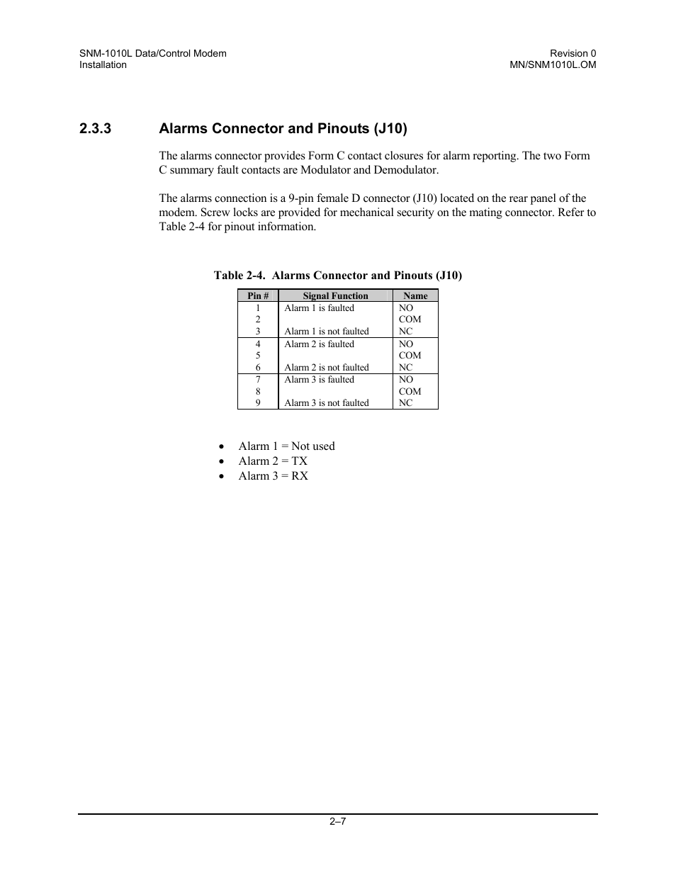 Alarms connector and pinouts (j10), 3 alarms connector and pinouts (j10) | Comtech EF Data SNM-1010L User Manual | Page 41 / 266