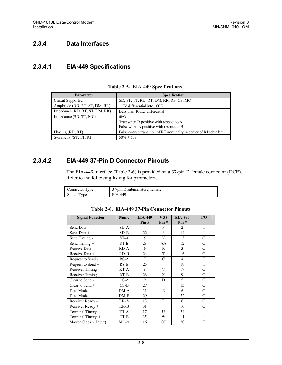 Data interfaces, Eia-449 specifications, Eia-449 37-pin d connector pinouts | Comtech EF Data SNM-1010L User Manual | Page 42 / 266