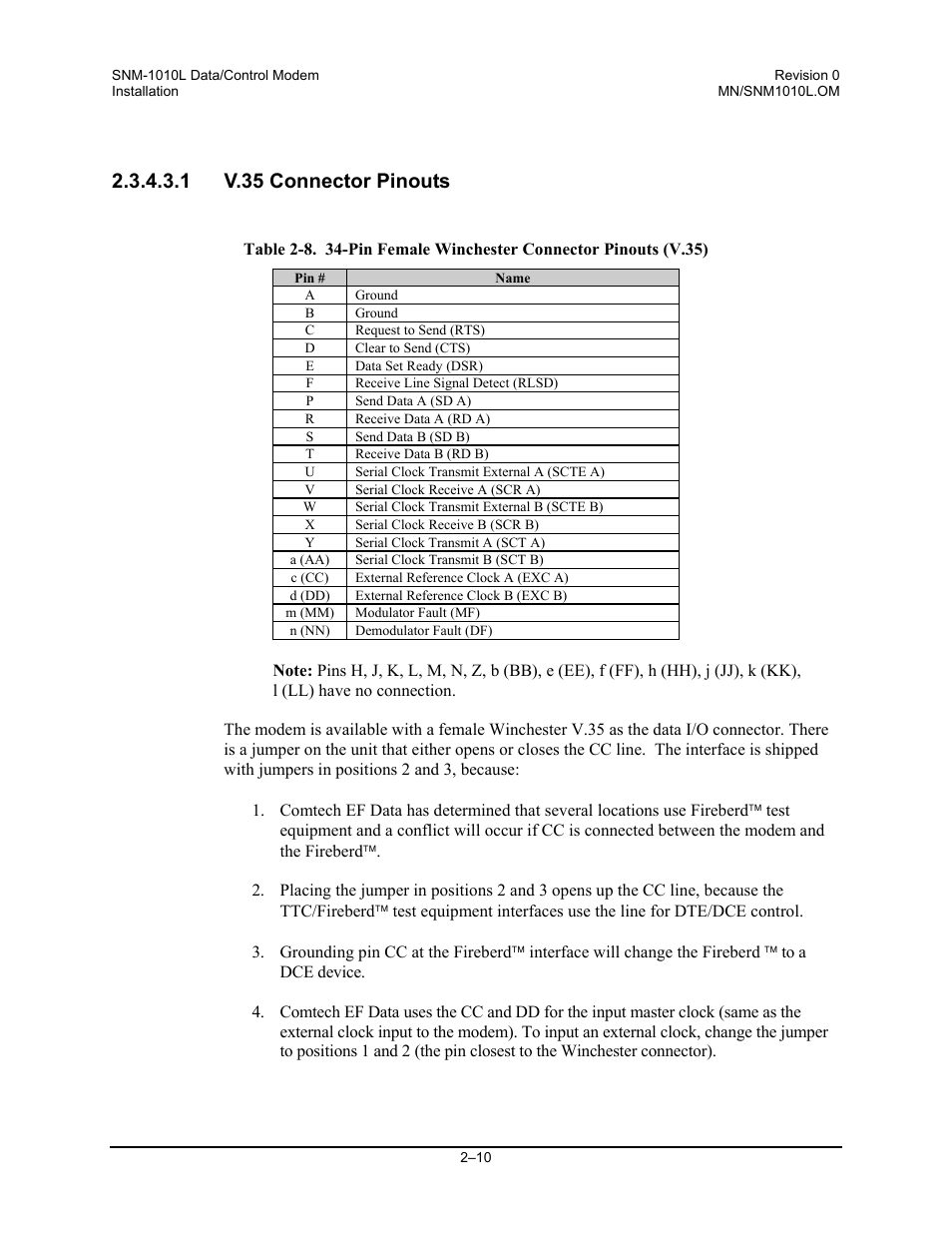 V.35 connector pinouts, 1 v.35 connector pinouts | Comtech EF Data SNM-1010L User Manual | Page 44 / 266