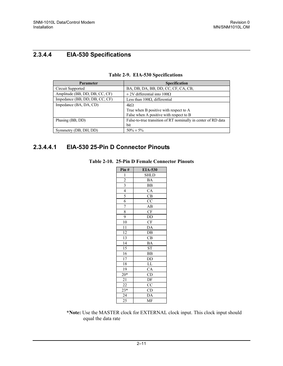 Eia-530 specifications, Eia-530 25-pin d connector pinouts, 4 eia-530 specifications | Comtech EF Data SNM-1010L User Manual | Page 45 / 266