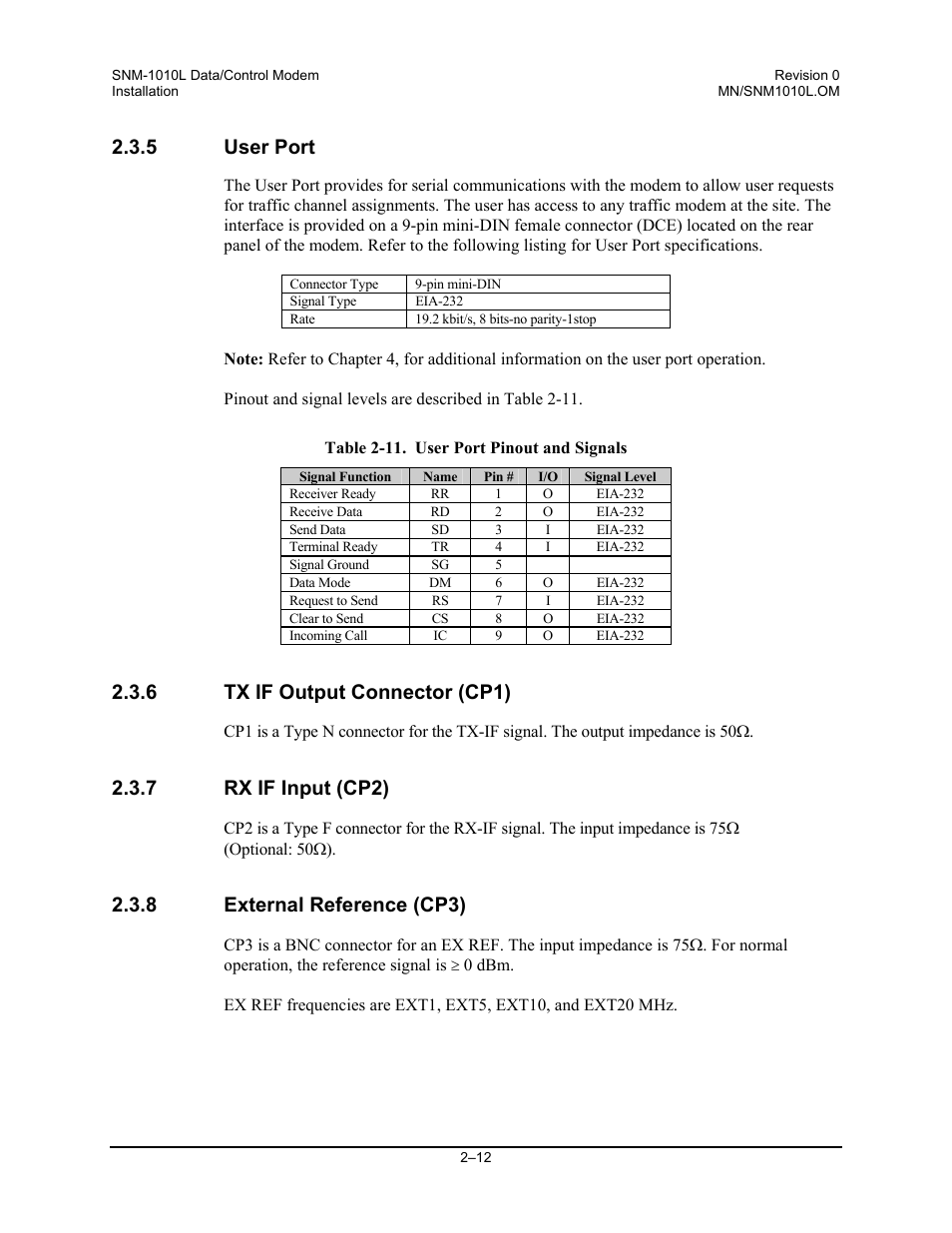 User port, Tx if output connector (cp1), Rx if input (cp2) | External reference (cp3), 5 user port, 6 tx if output connector (cp1), 7 rx if input (cp2), 8 external reference (cp3) | Comtech EF Data SNM-1010L User Manual | Page 46 / 266