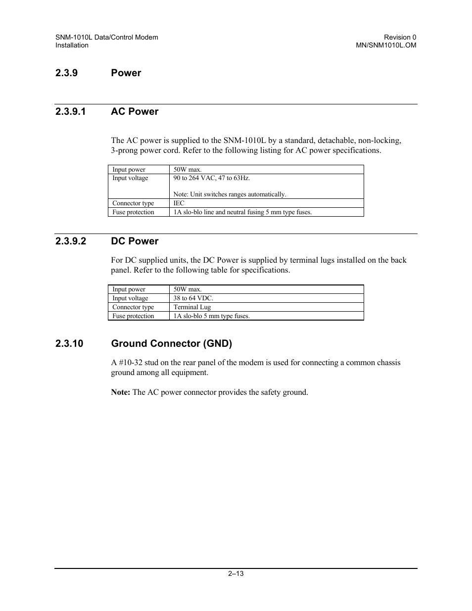 Power, Ac power, Dc power | Ground connector (gnd), 2 dc power, 10 ground connector (gnd) | Comtech EF Data SNM-1010L User Manual | Page 47 / 266