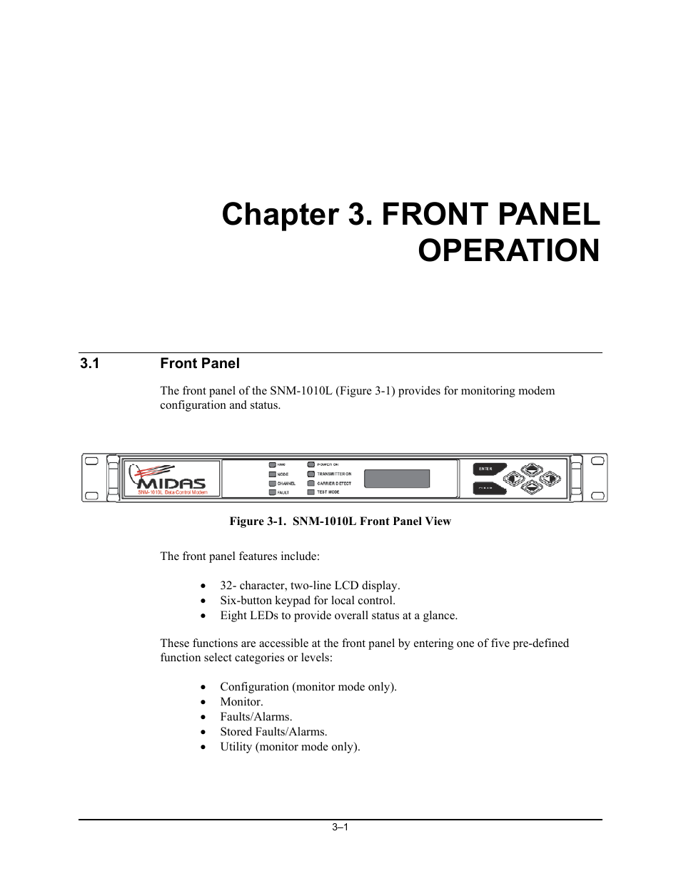 Front panel operation, Front panel, Chapter 3. front panel operation | Comtech EF Data SNM-1010L User Manual | Page 49 / 266