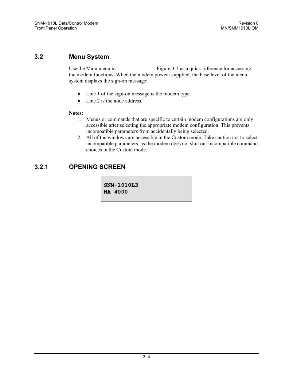 Menu system, Opening screen | Comtech EF Data SNM-1010L User Manual | Page 52 / 266