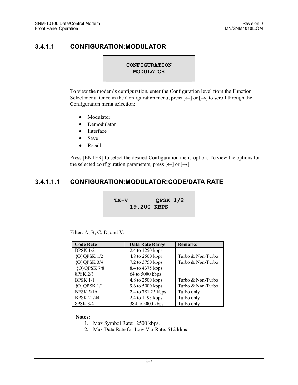 Configuration:modulator, Configuration:modulator:code/data rate, 1 configuration:modulator | 1 configuration:modulator:code/data rate | Comtech EF Data SNM-1010L User Manual | Page 55 / 266