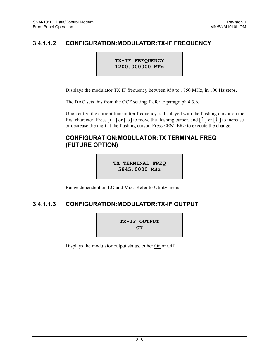 Configuration:modulator:tx-if frequency, Configuration:modulator:tx-if output | Comtech EF Data SNM-1010L User Manual | Page 56 / 266