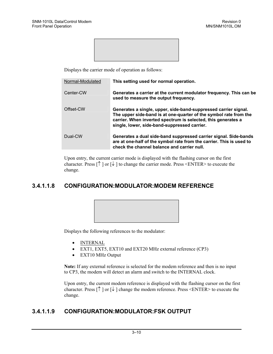 Configuration:modulator:modem reference, Configuration:modulator:fsk output | Comtech EF Data SNM-1010L User Manual | Page 58 / 266